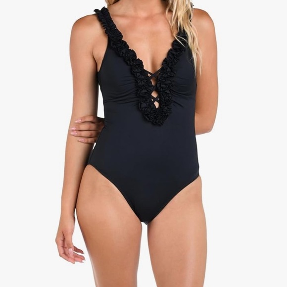 La Blanca Island Goddess Ruffled Plunge One Piece Swimsuit Size 14